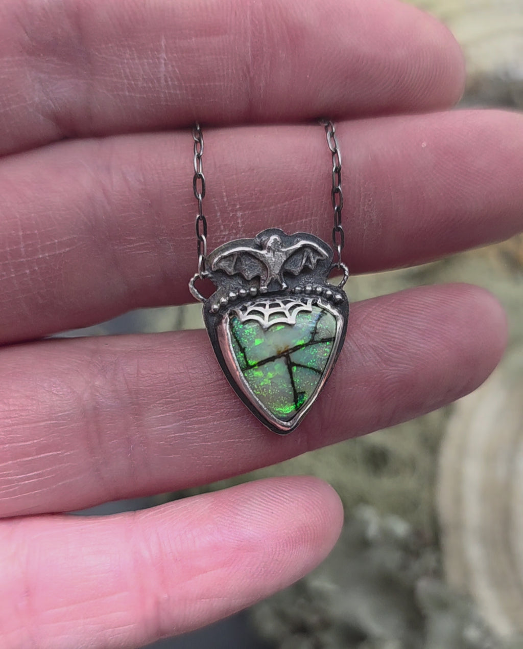 Monarch opal bat necklace