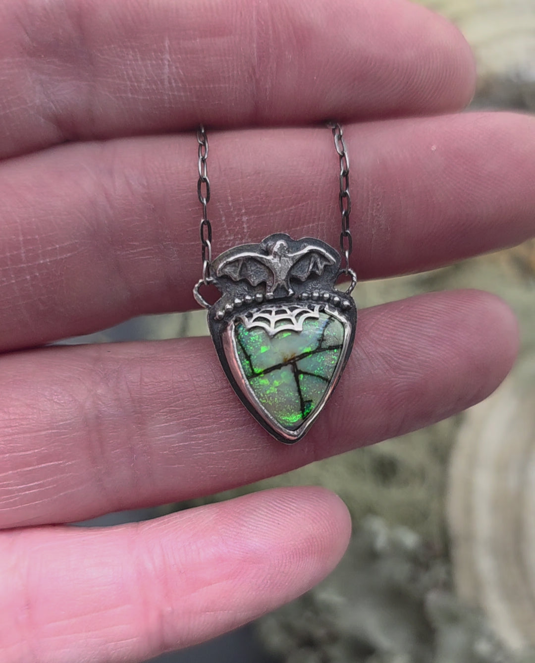 Monarch opal bat necklace