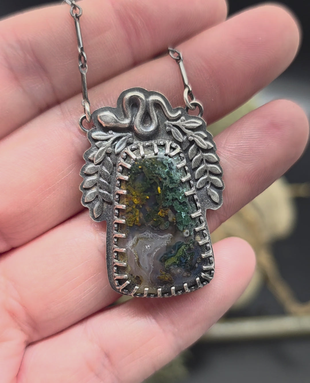 Moss agate snake necklace