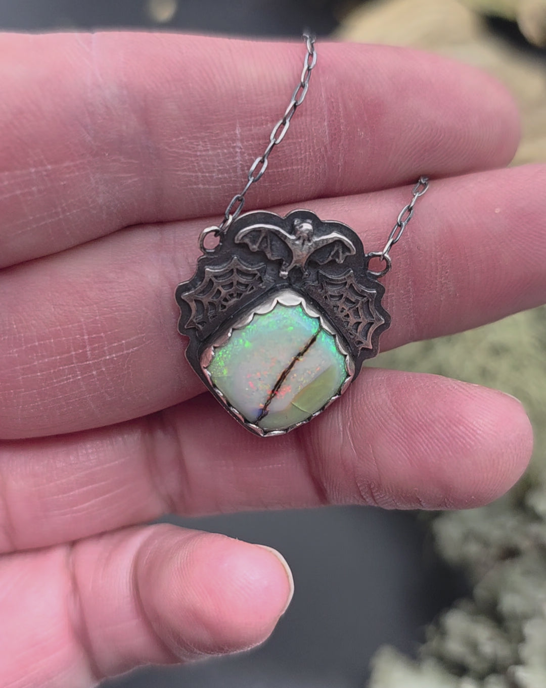 Monarch opal bat necklace