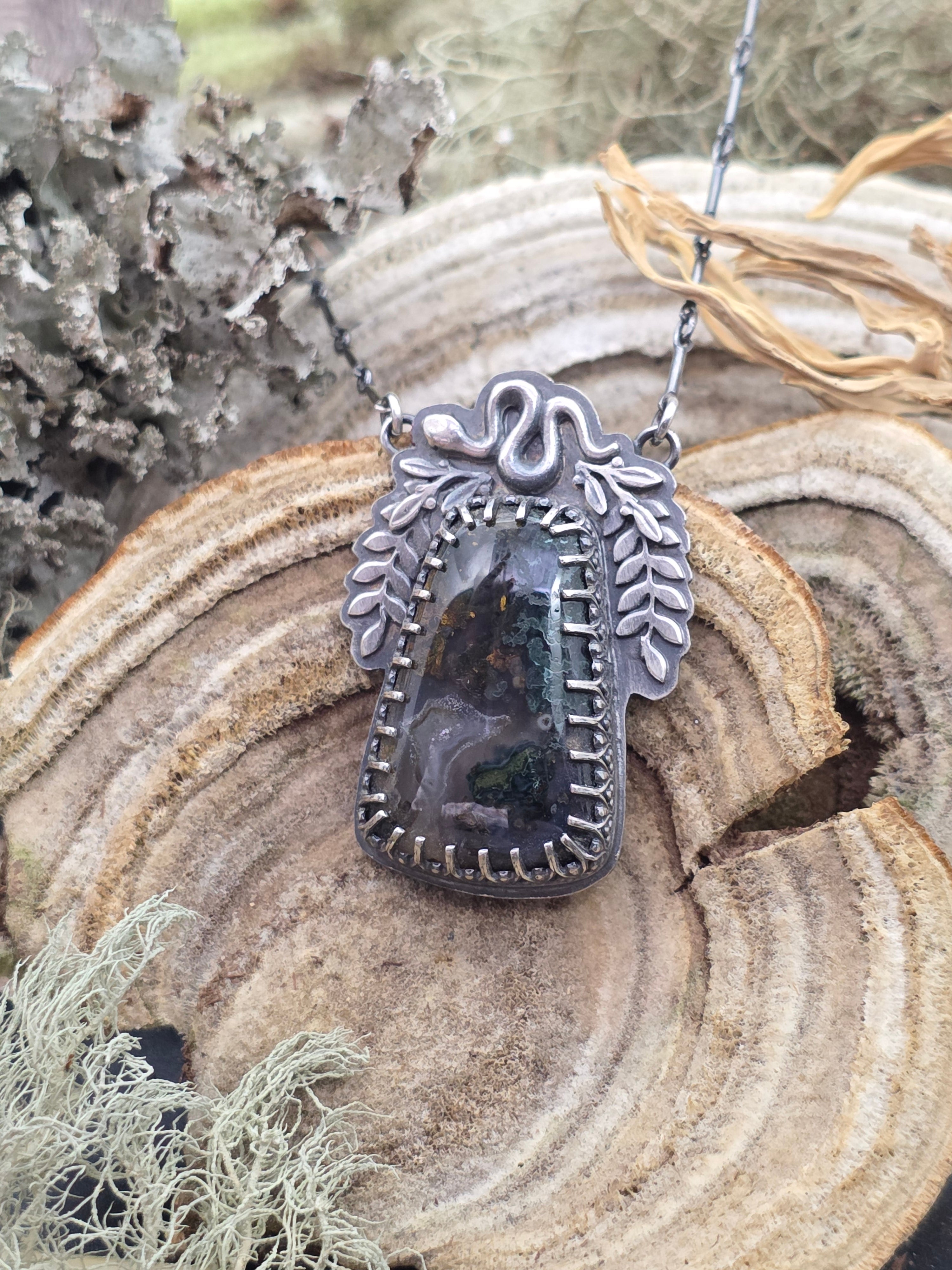 Moss agate snake necklace