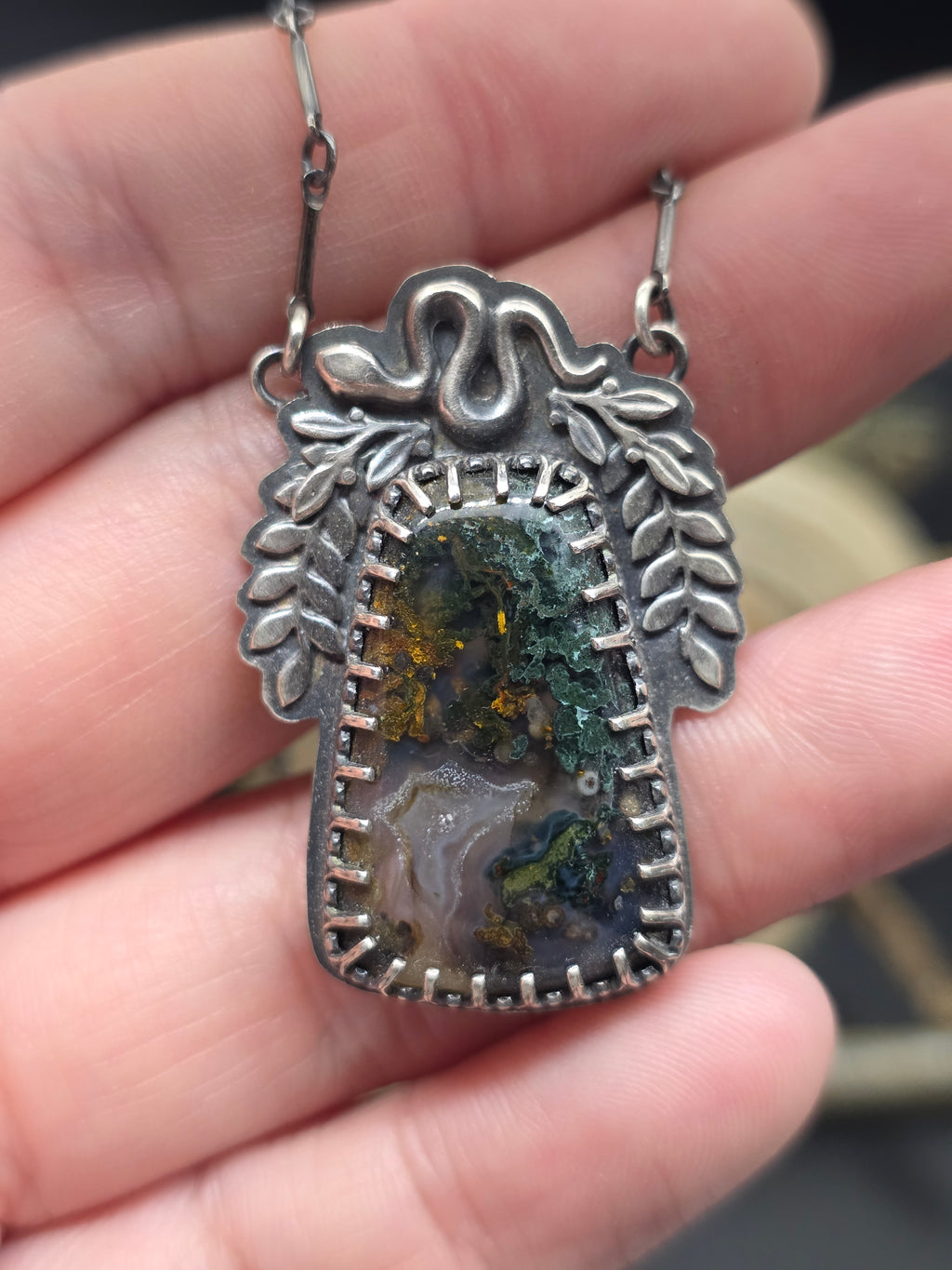 Moss agate snake necklace