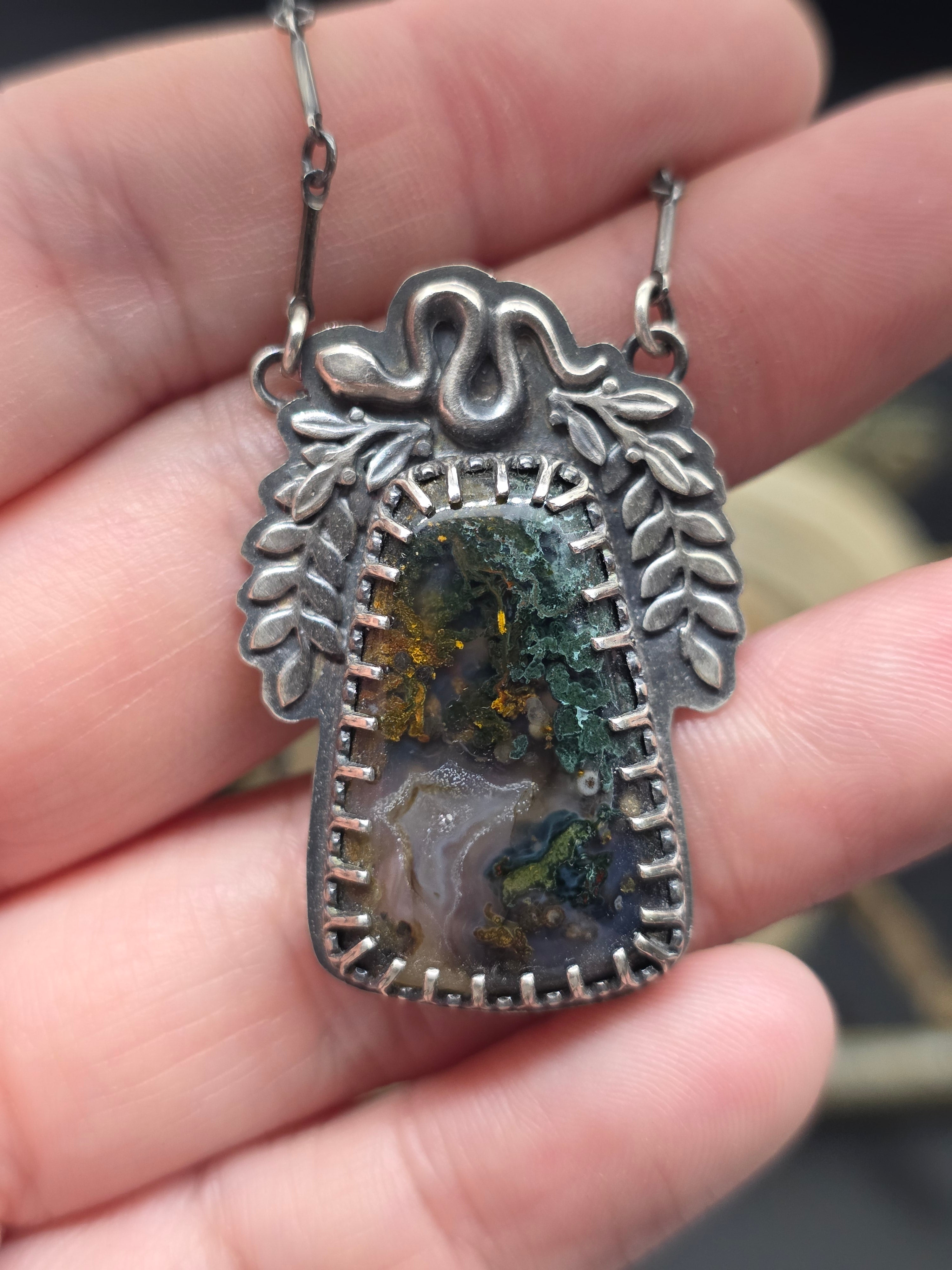 Moss agate snake necklace
