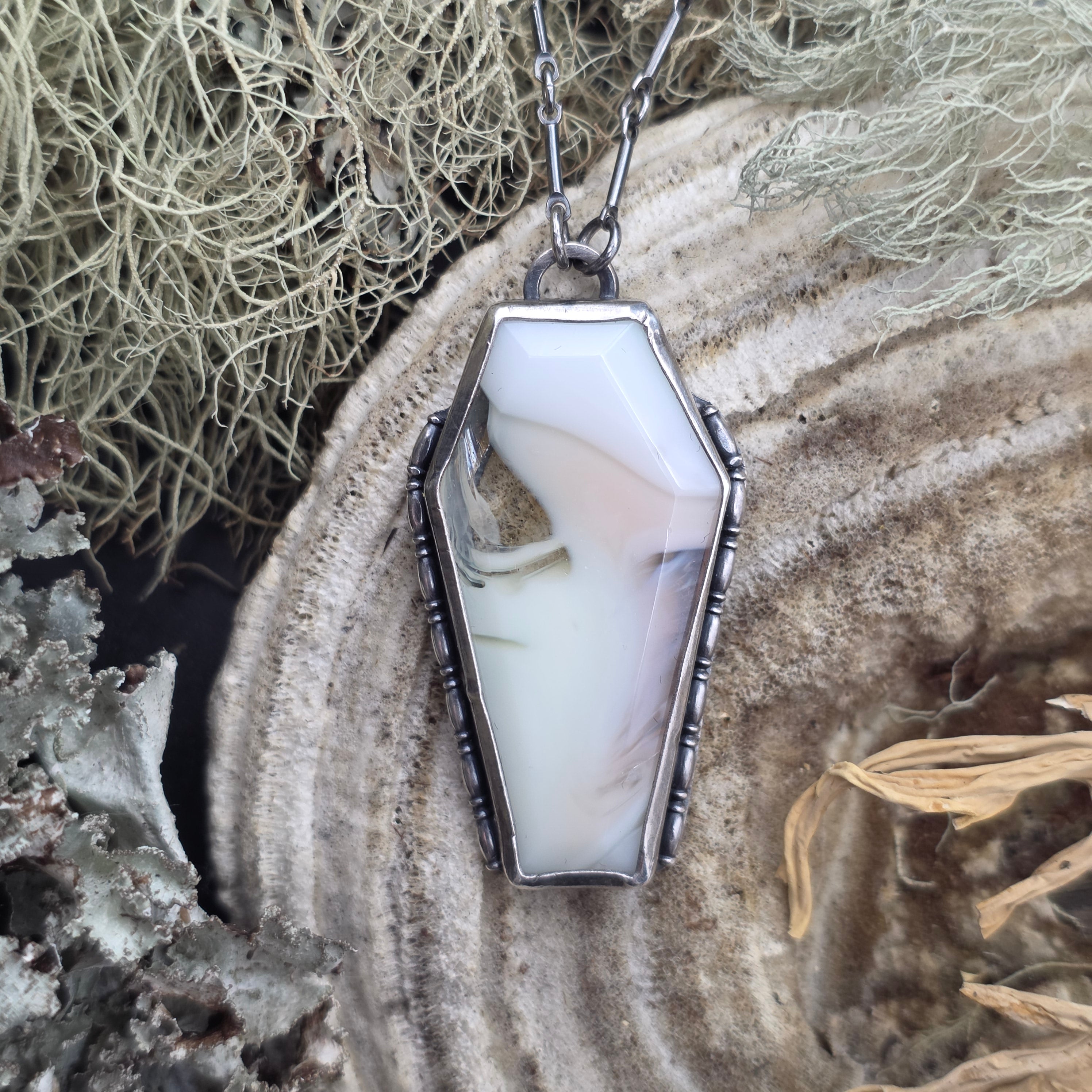 Uranium glass coffin necklace