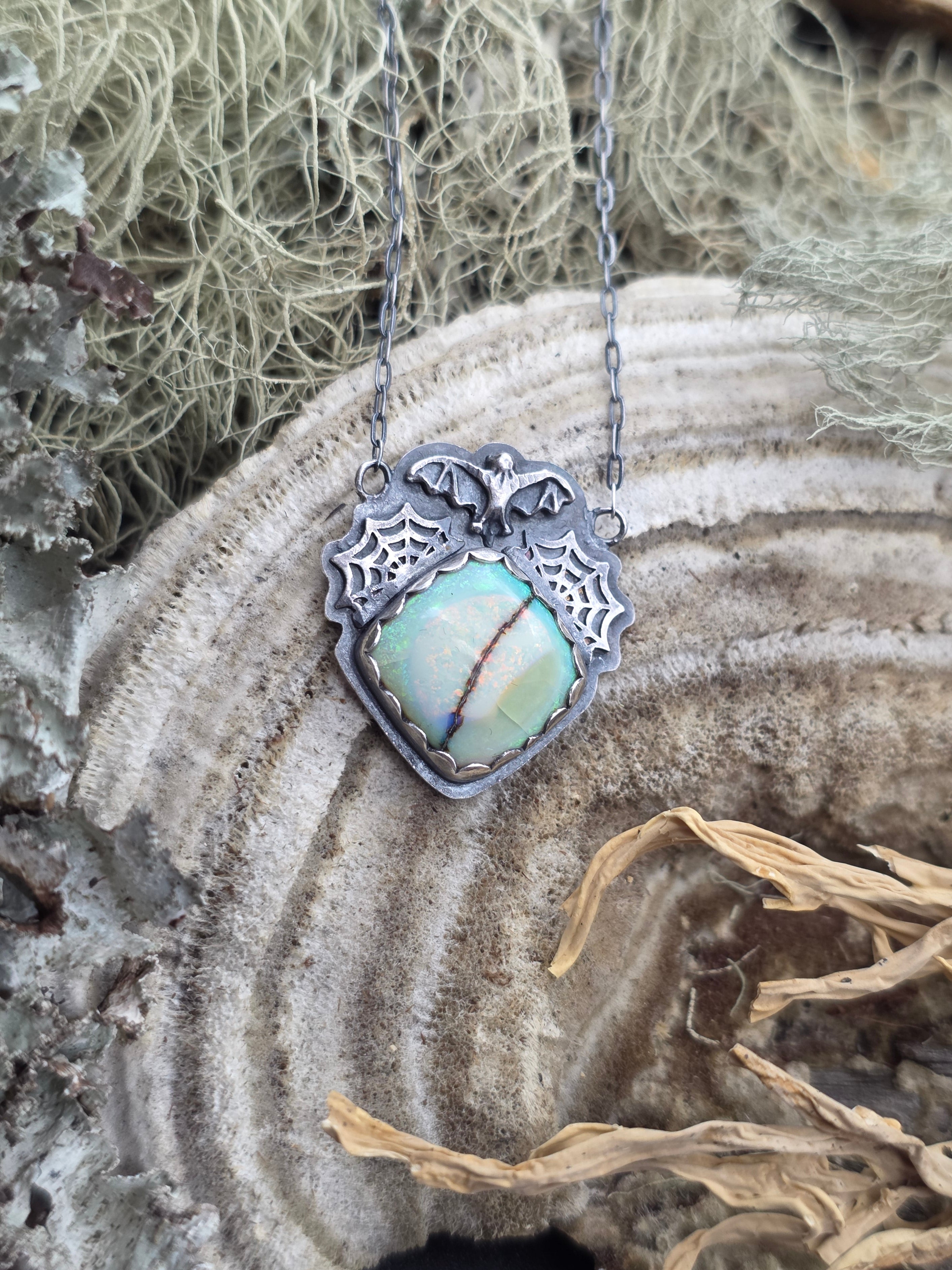 Monarch opal bat necklace