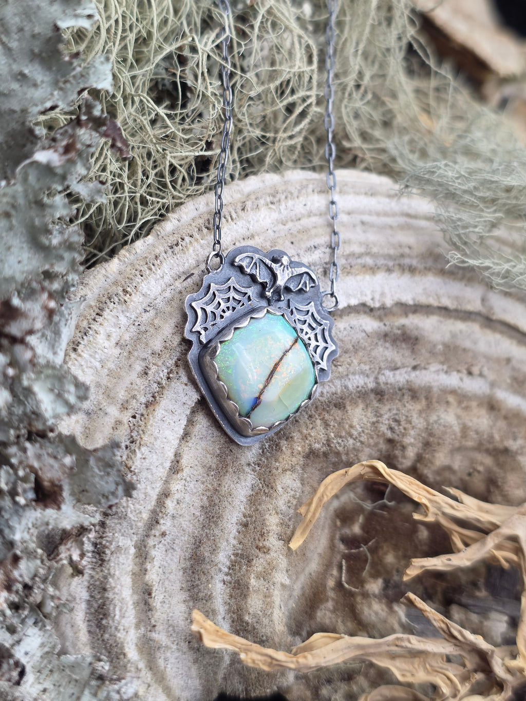 Monarch opal bat necklace