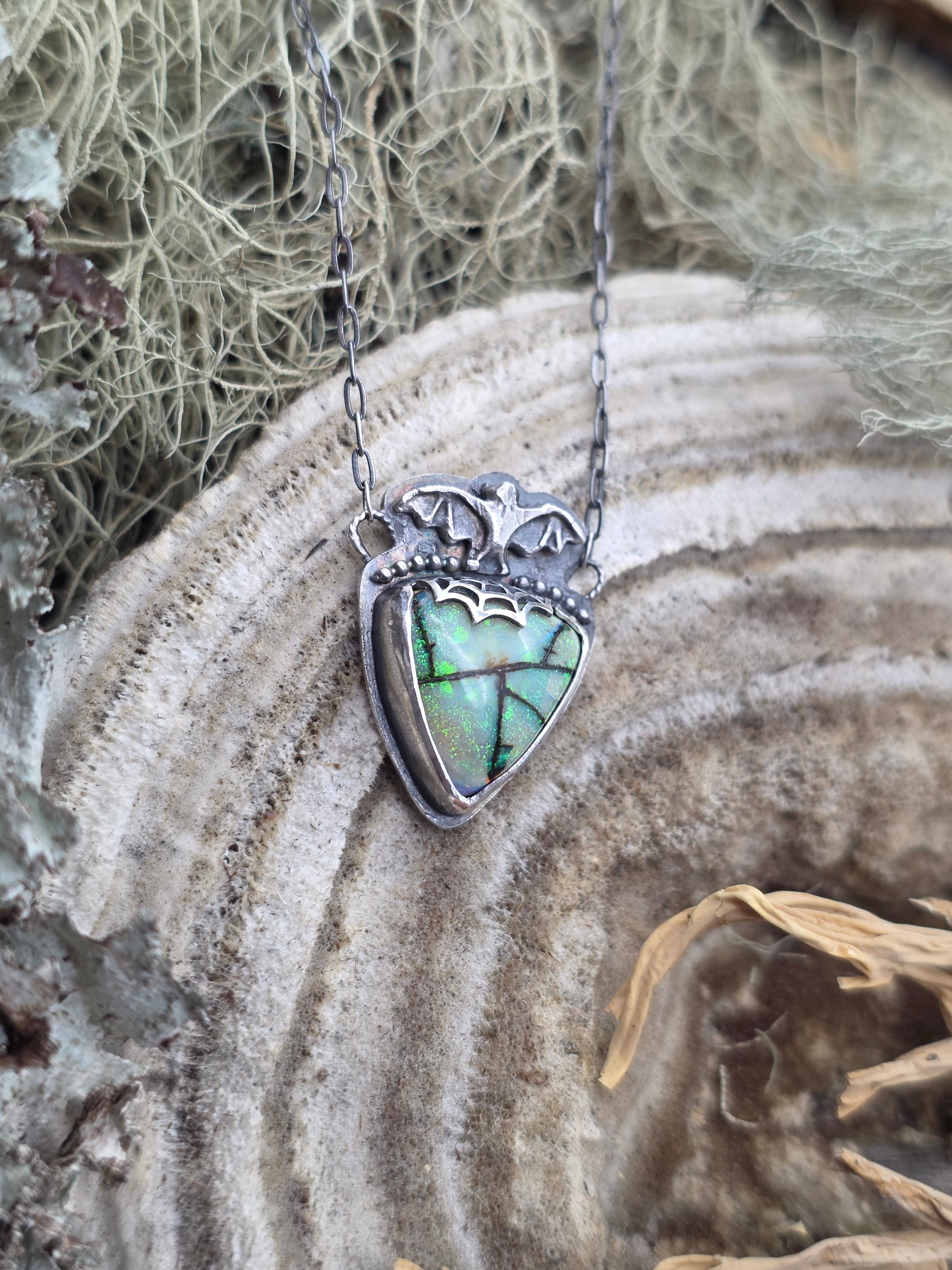 Monarch opal bat necklace
