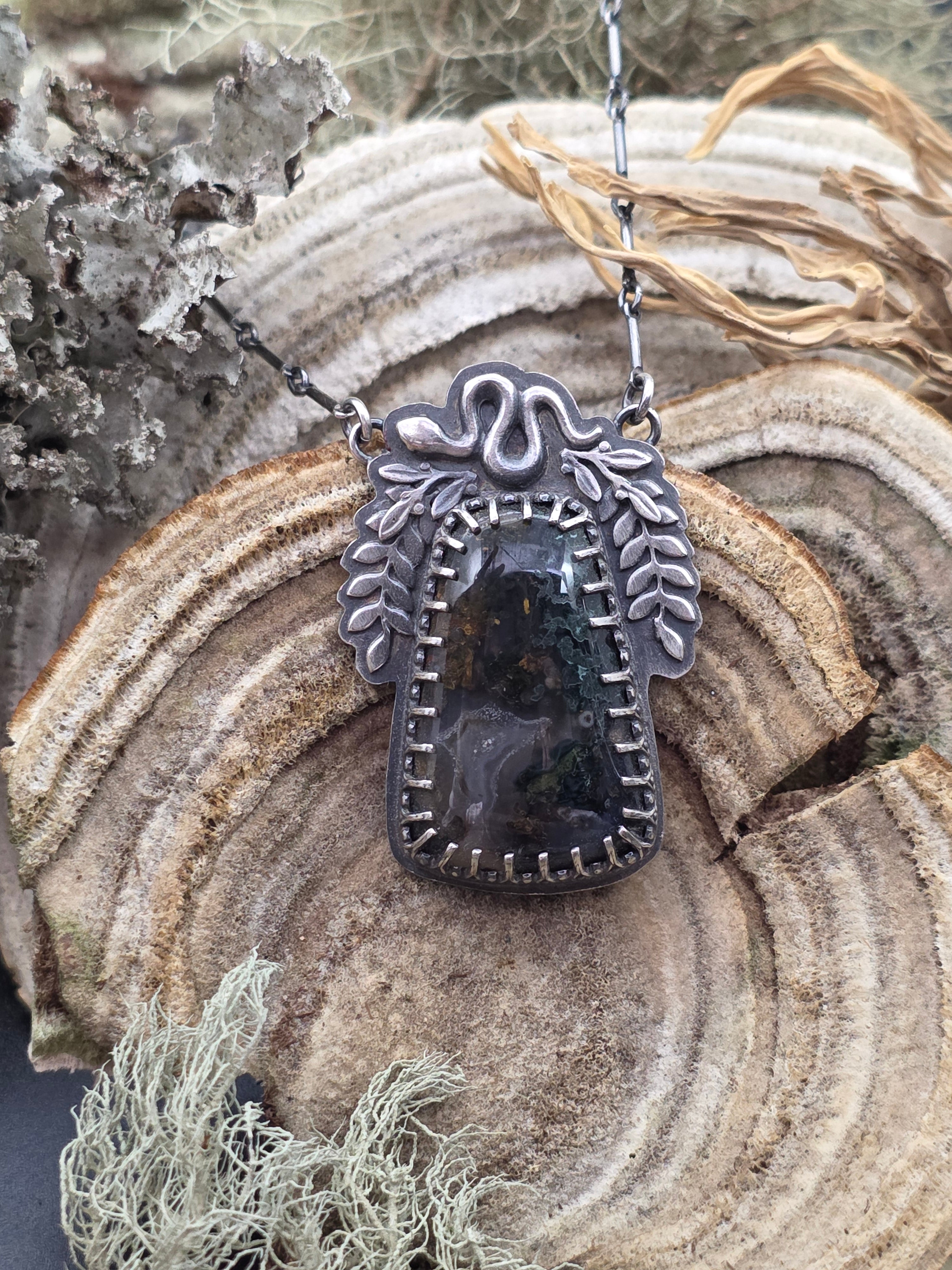 Moss agate snake necklace