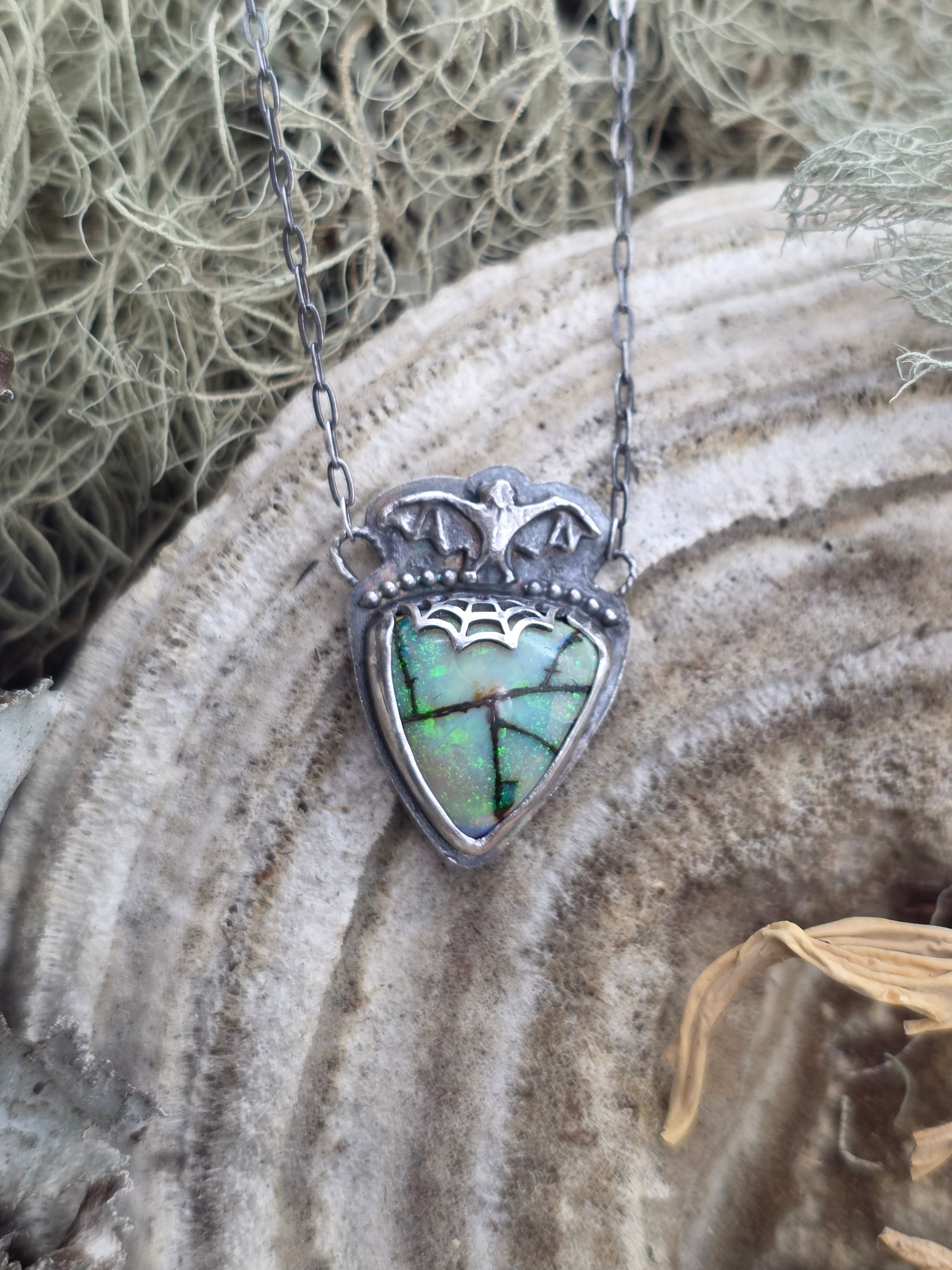Monarch opal bat necklace