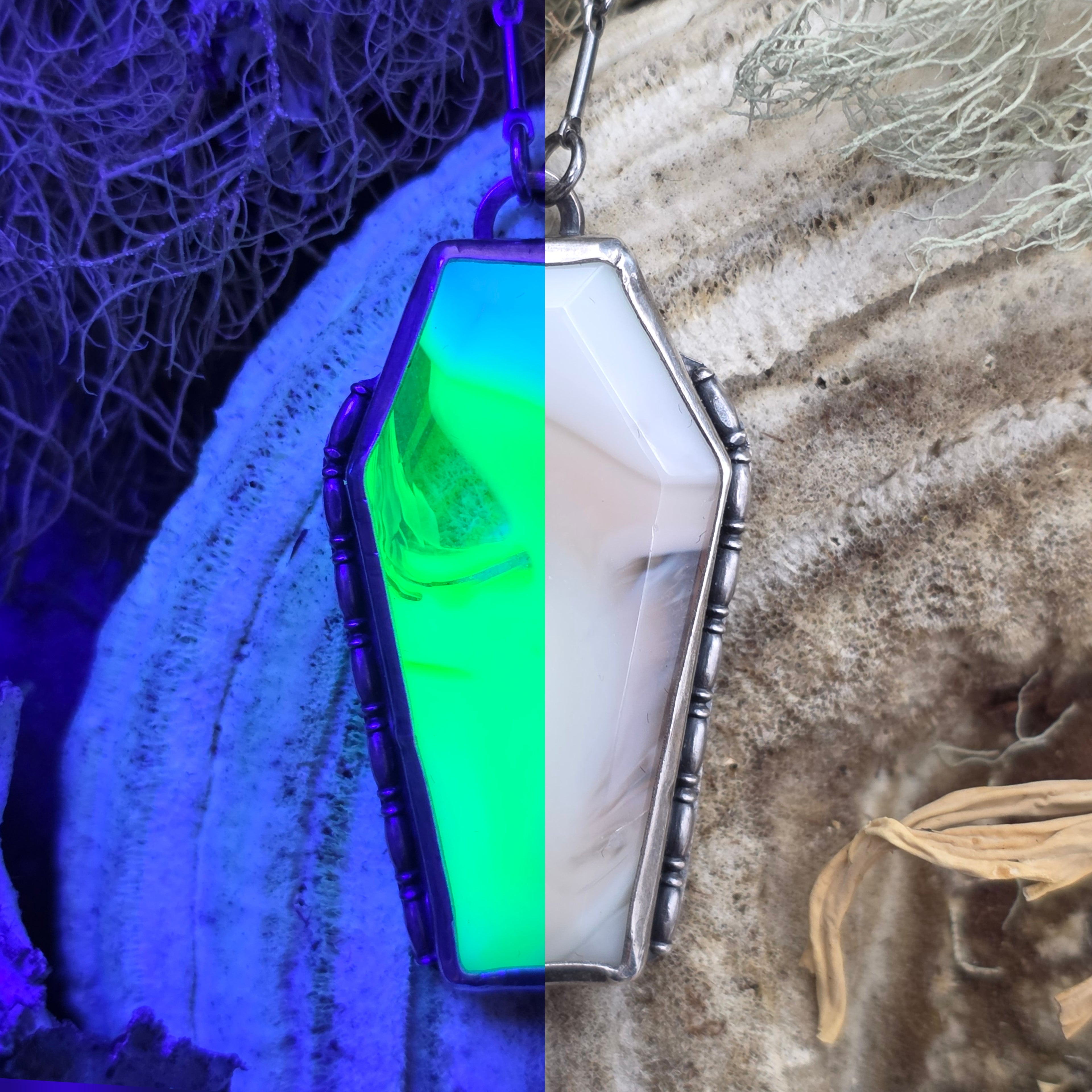 Uranium glass coffin necklace